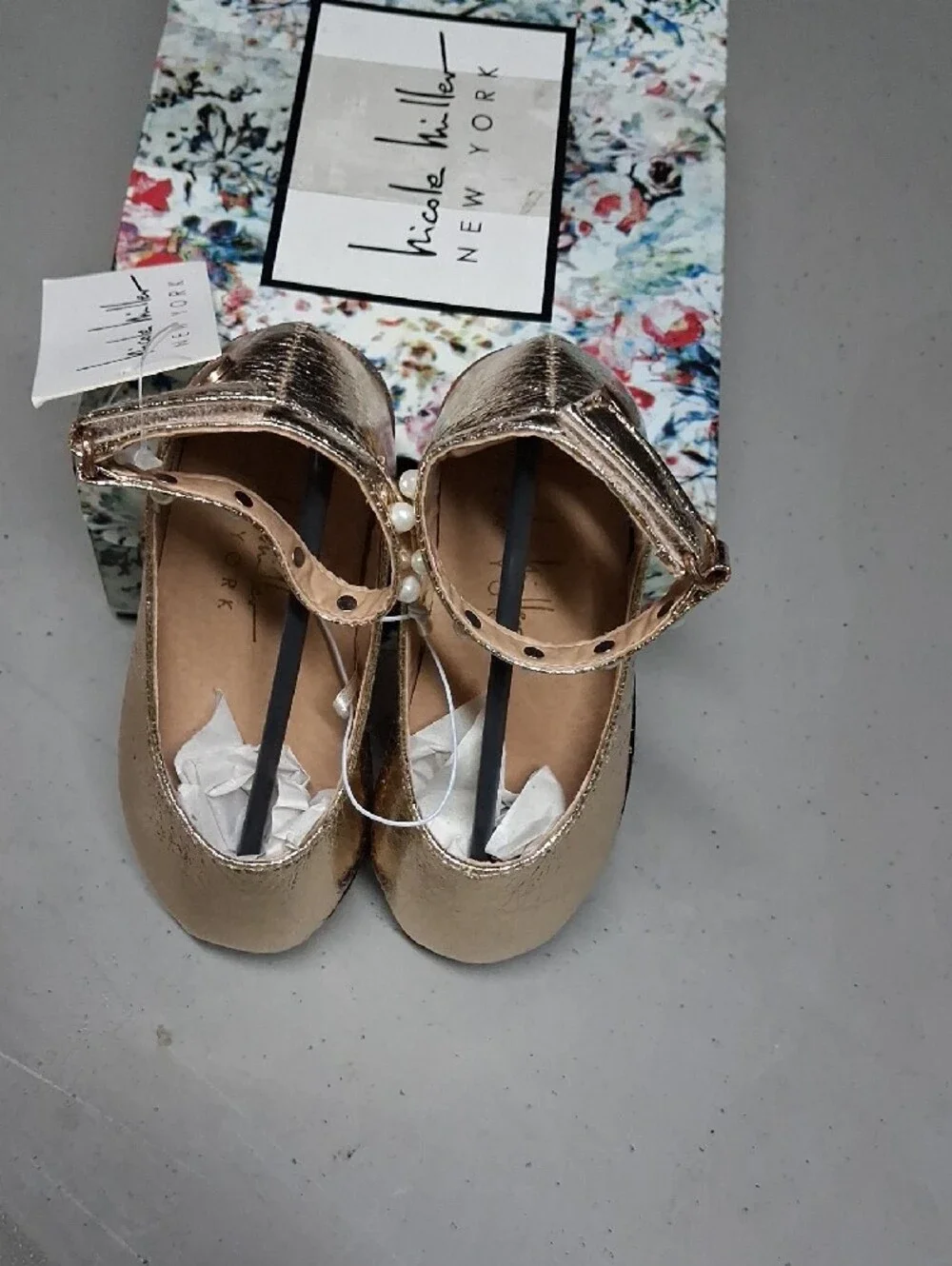 Nicole Miller Metallic Gold Pearl-Strap Girls Dress Flats